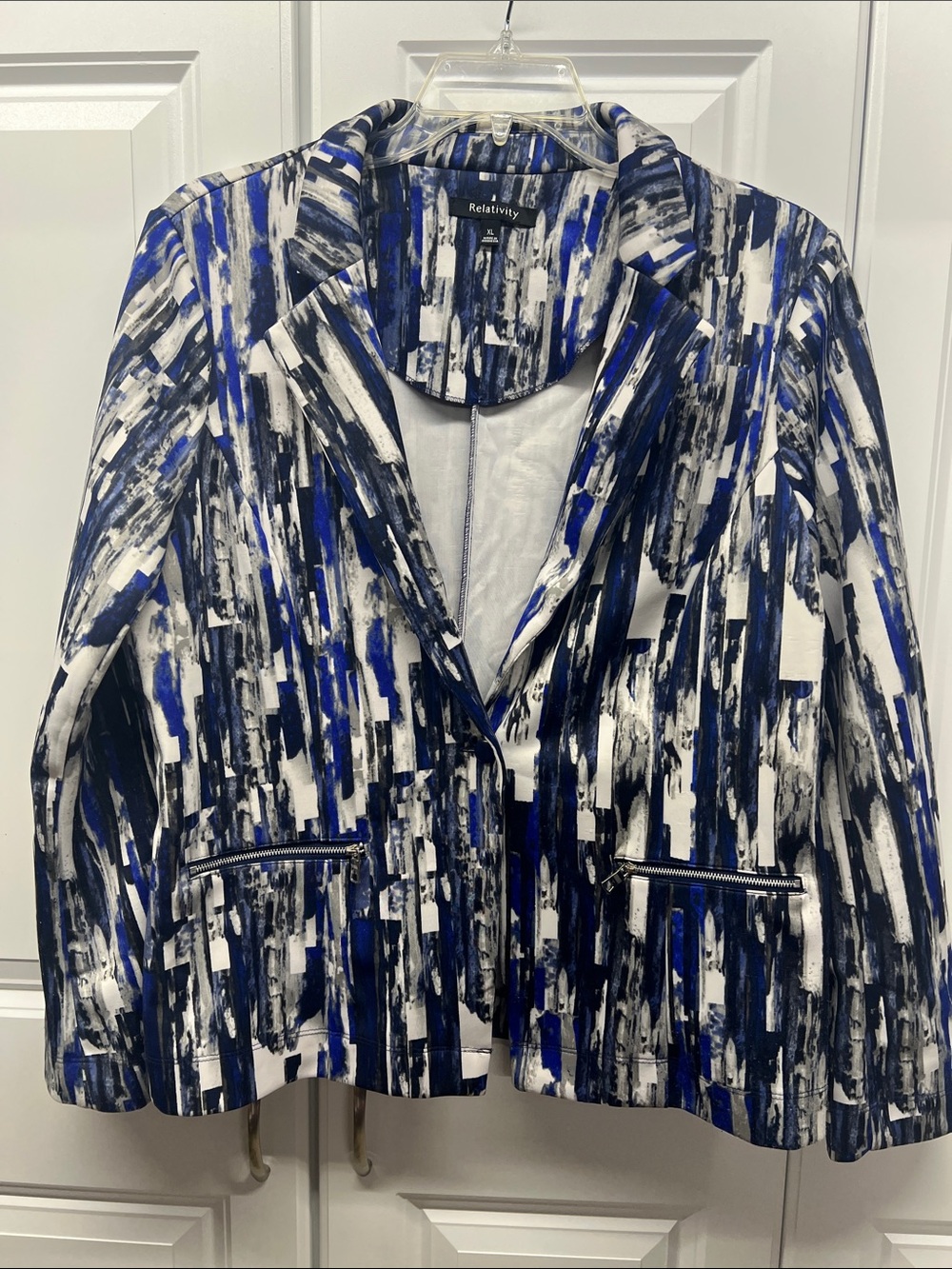 Relativity Abstract Print Open Front Blazer Jacket Blue Black Size XL